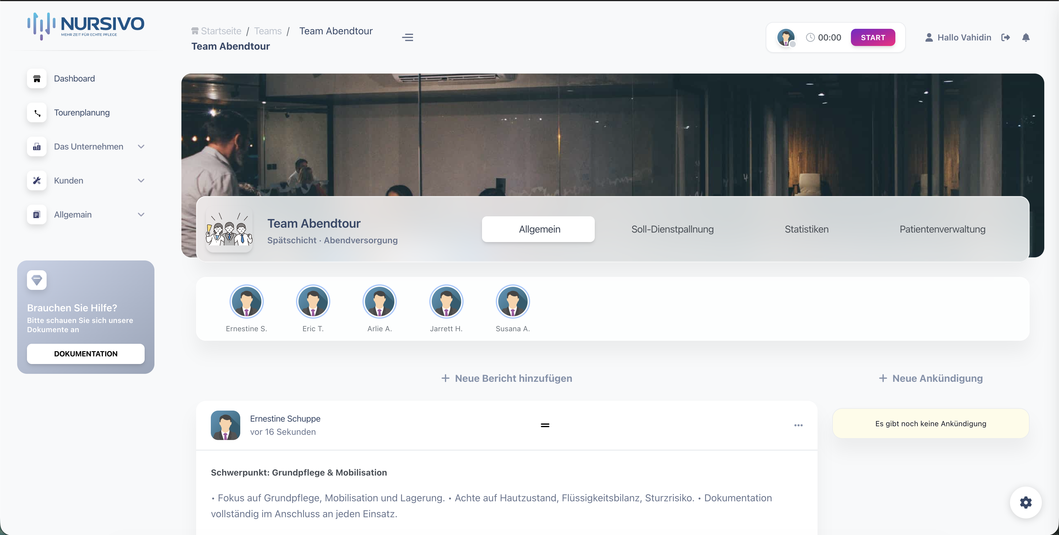 Organisatorische Funktionen und Teamübersicht auf Desktop